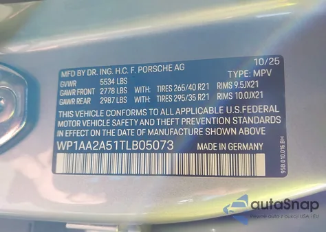 2026 Porsche Macan T из США, поврежденный, VIN WP1AA2A51TLB05073